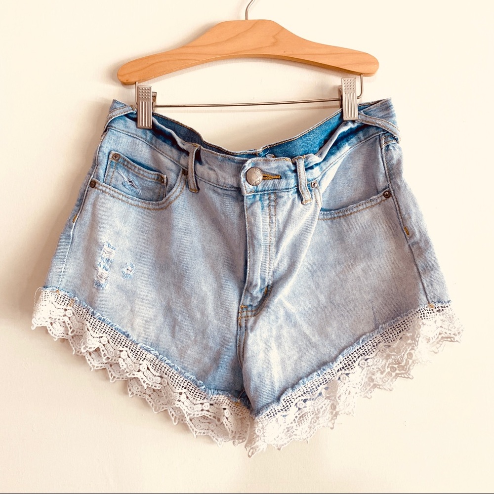 Free People Denim Lace Crochet Distressed Shorts